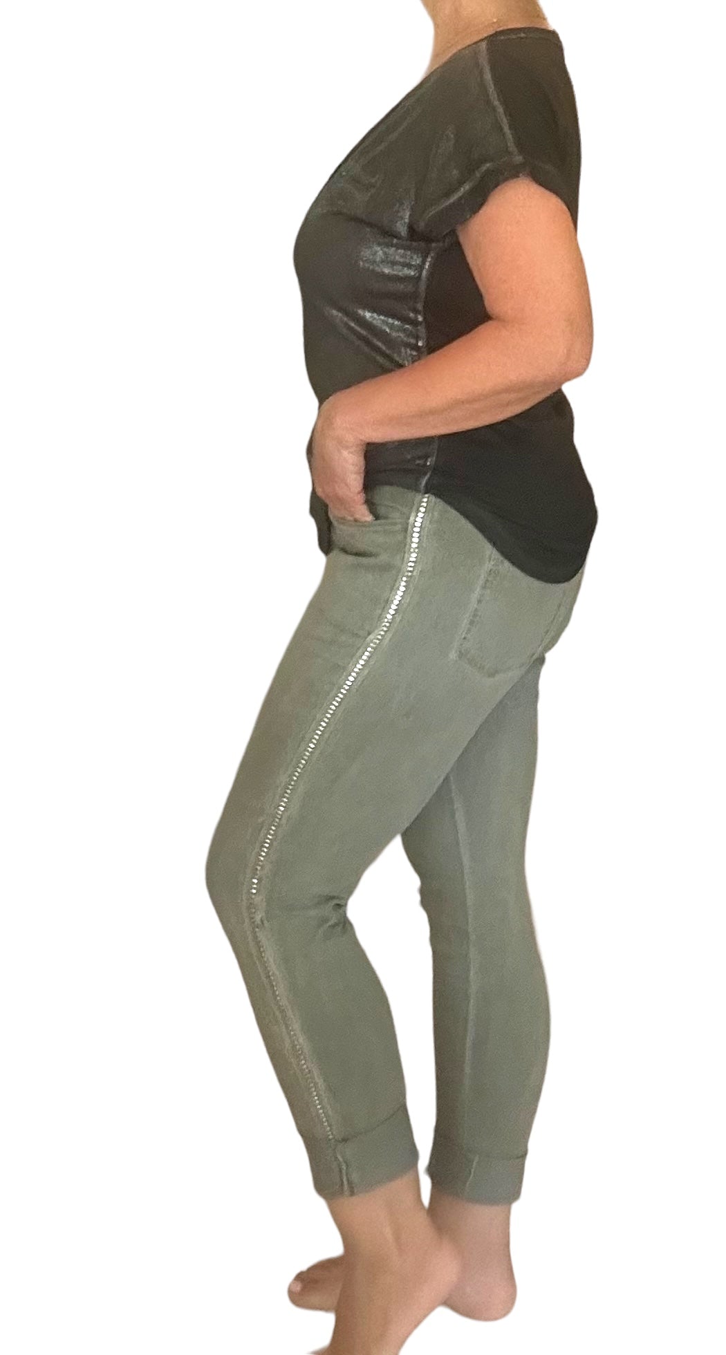 Military green argento studded Italian Magic Pants