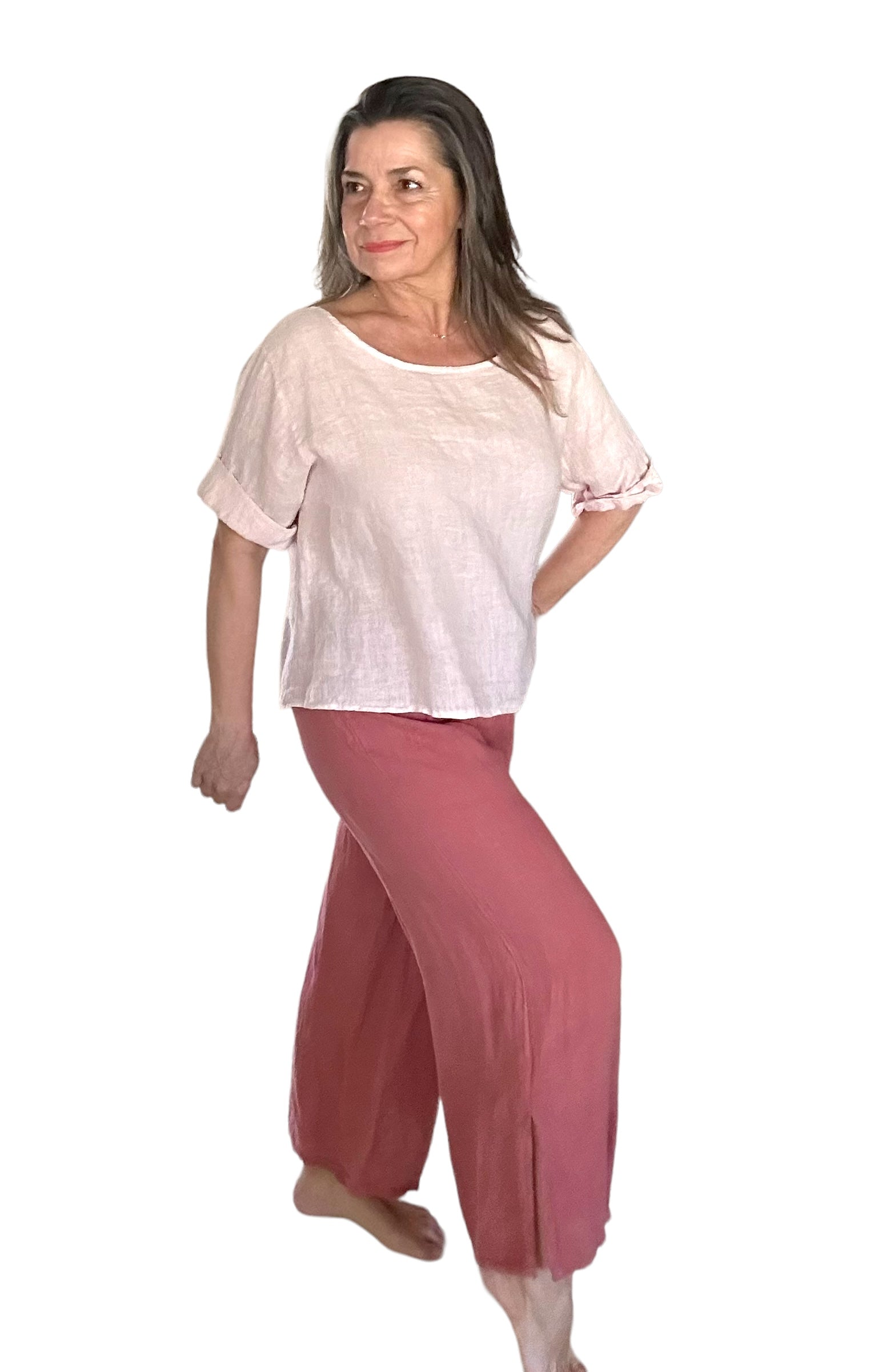 Soft pink serenity button back linen top