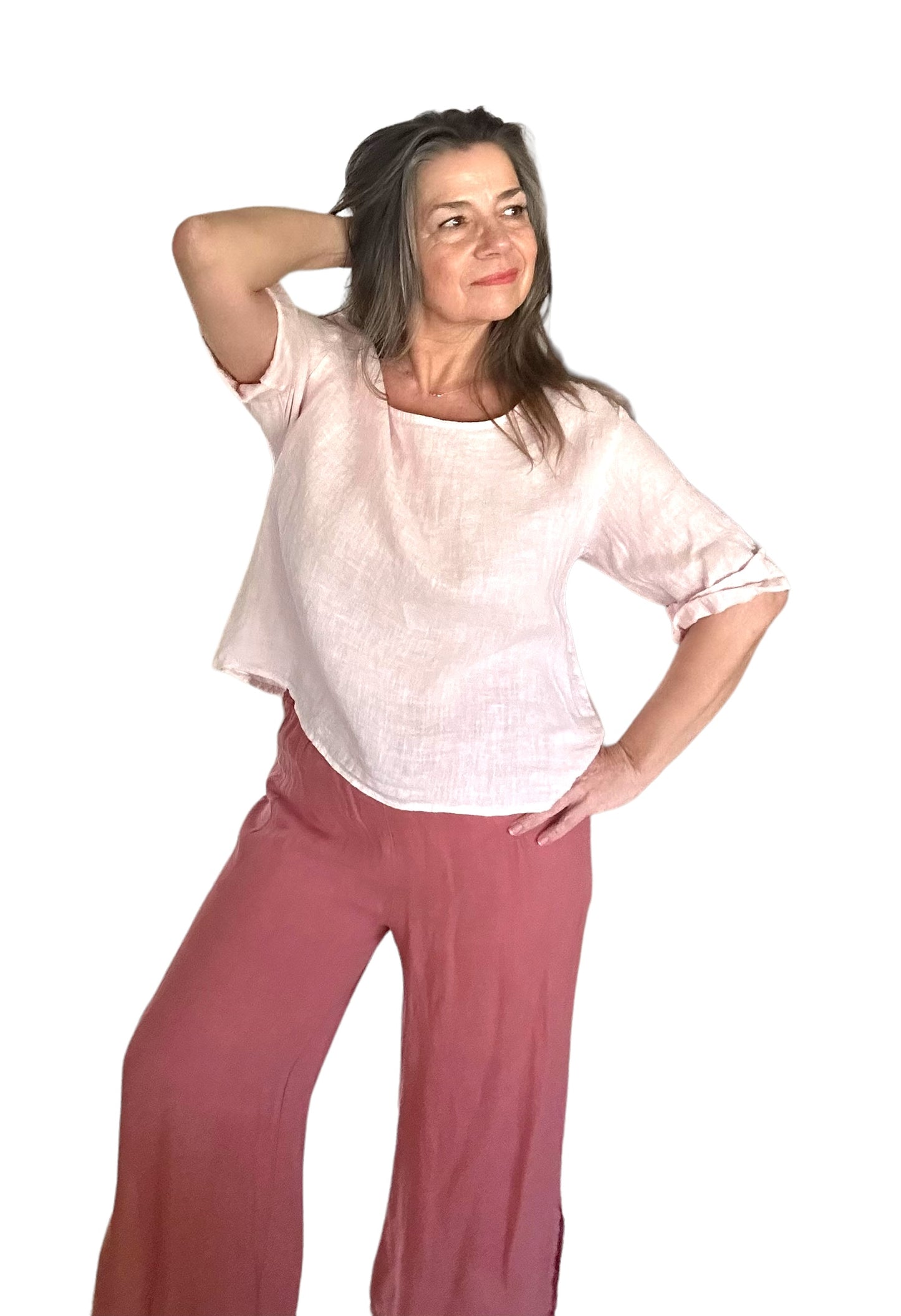 Soft pink serenity button back linen top