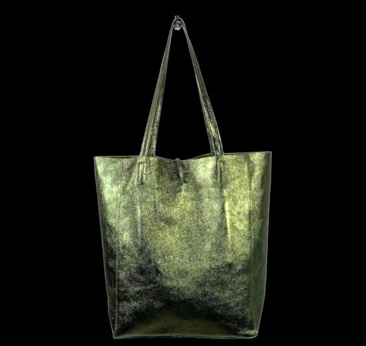 Amelia genuine leather metallic green shoulder tote bag