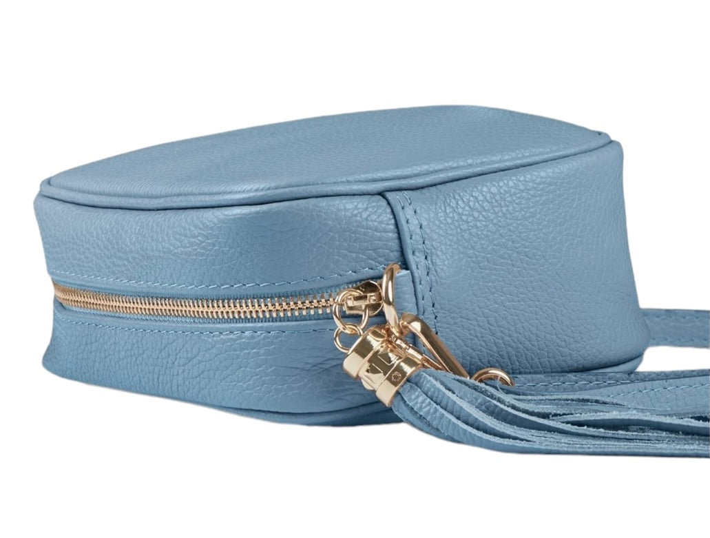 Sky blue Bianca leather tassel crossbody camera bag