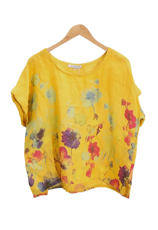 Yellow Flora linen top