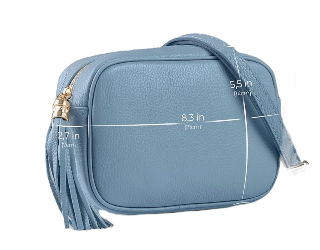 Sky blue Bianca leather tassel crossbody camera bag