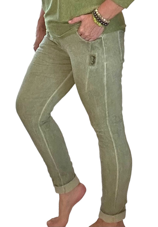 Pistachio green mineral washed Italian magic pants