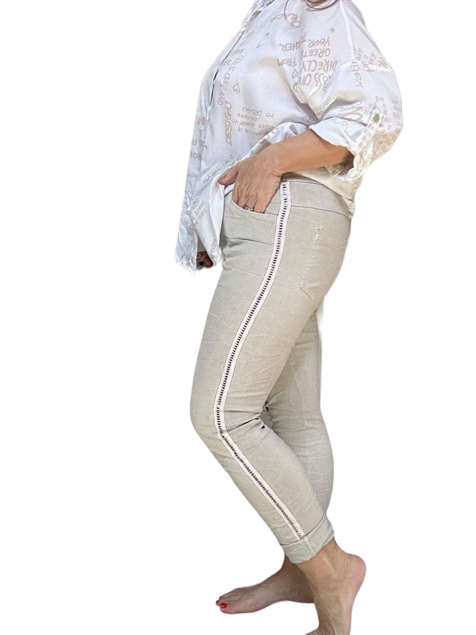 Beige Argento studded Italian Magic Pants