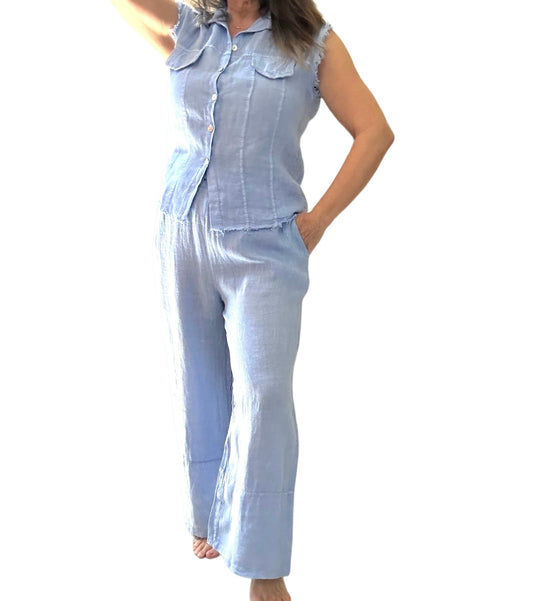 Antonia light blue linen waistcoat style top