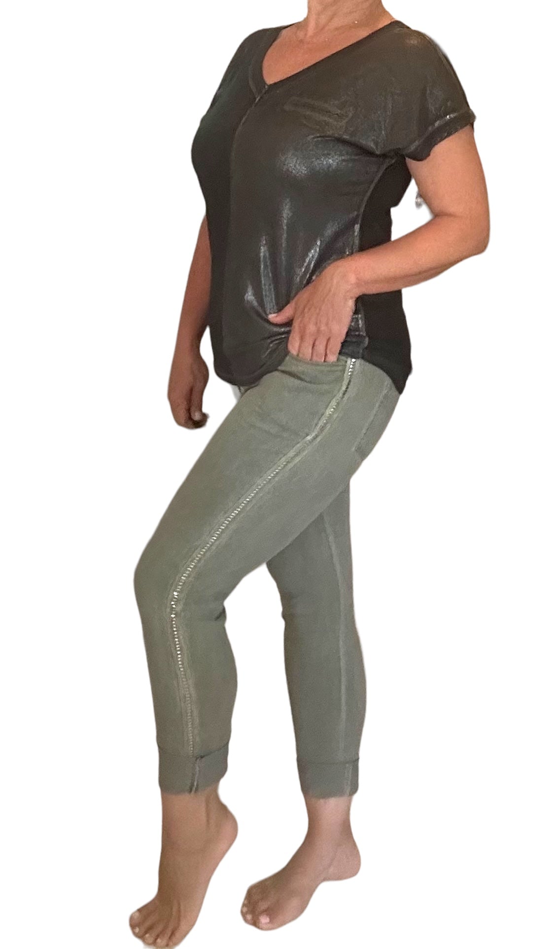 Military green argento studded Italian Magic Pants