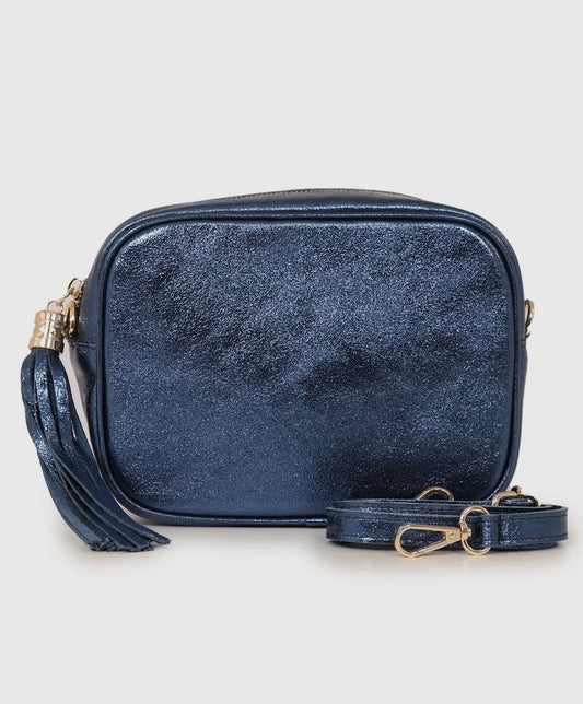 Bianca tassle camera bag in metallic blue