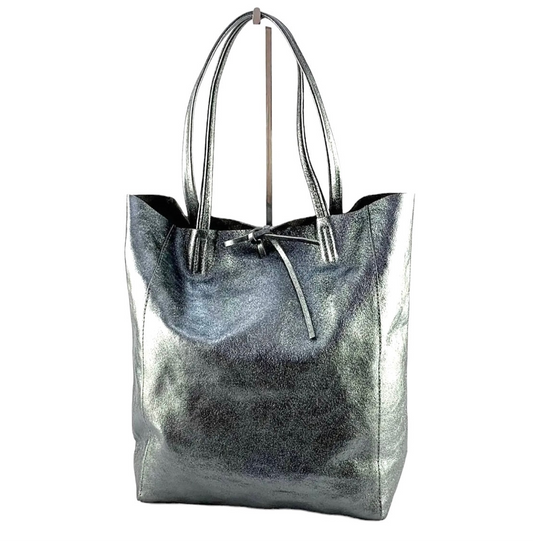 Amelia metallic anthracite genuine leather tote shoulder bag