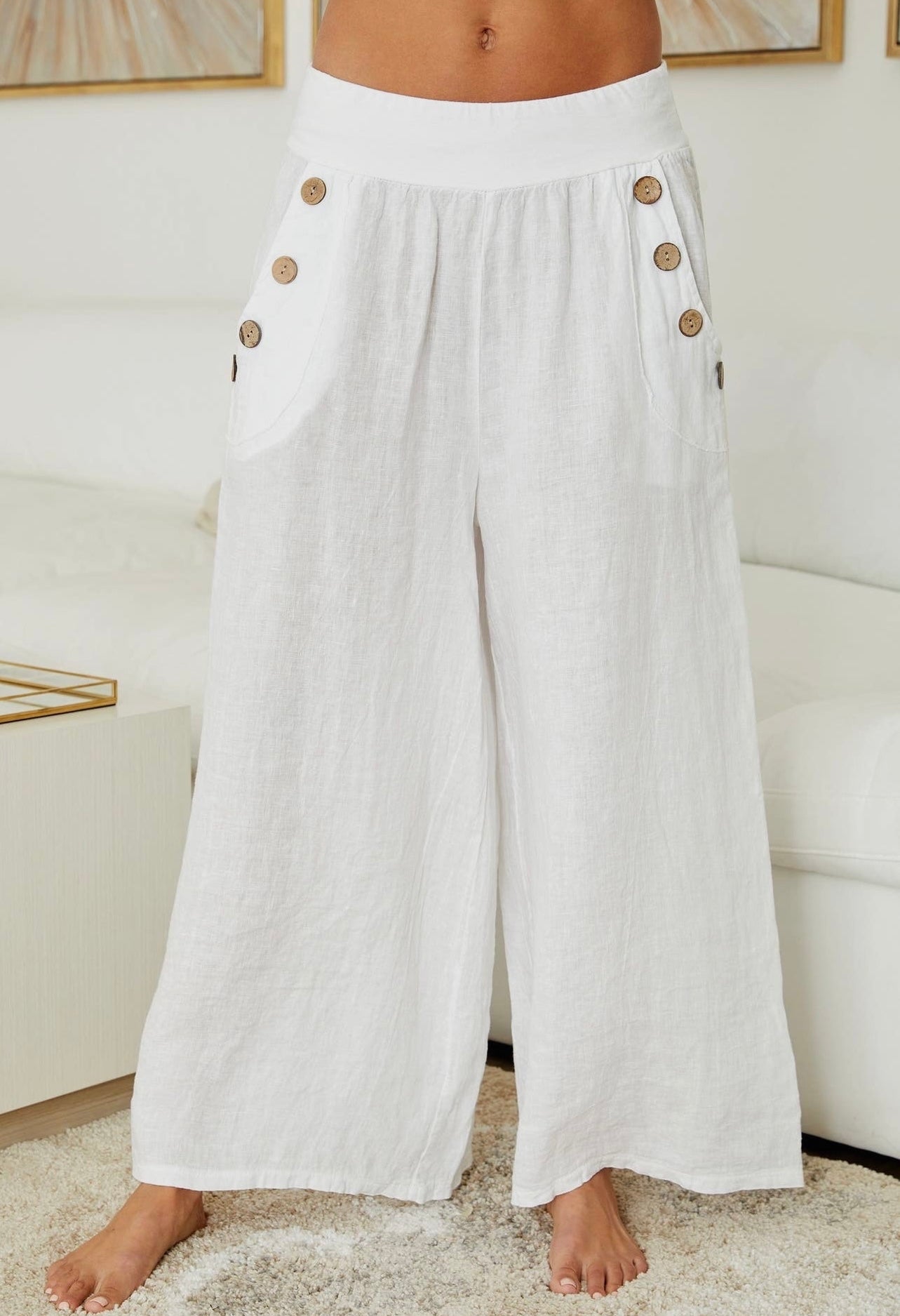 Linen palazzo pants with button pockets