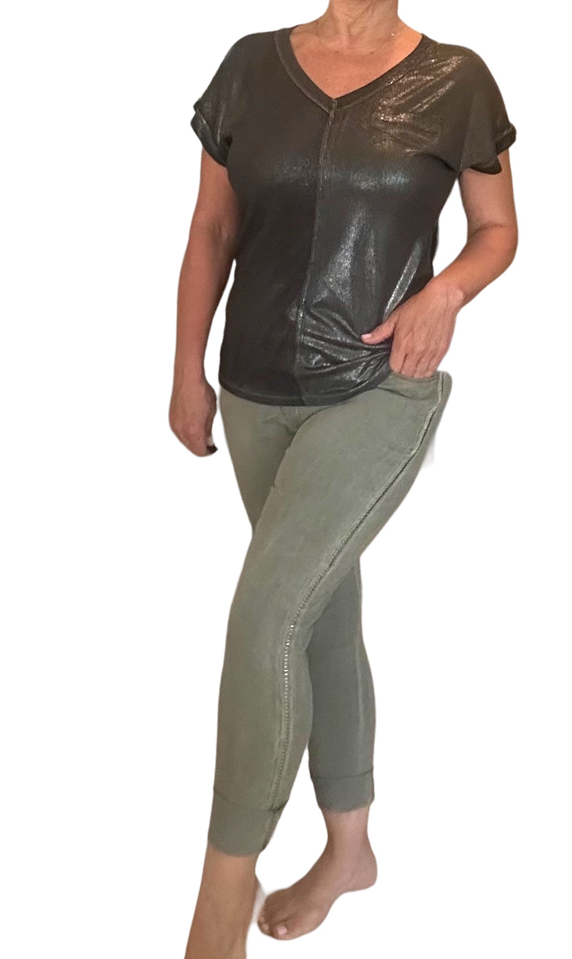 Military green argento studded Italian Magic Pants