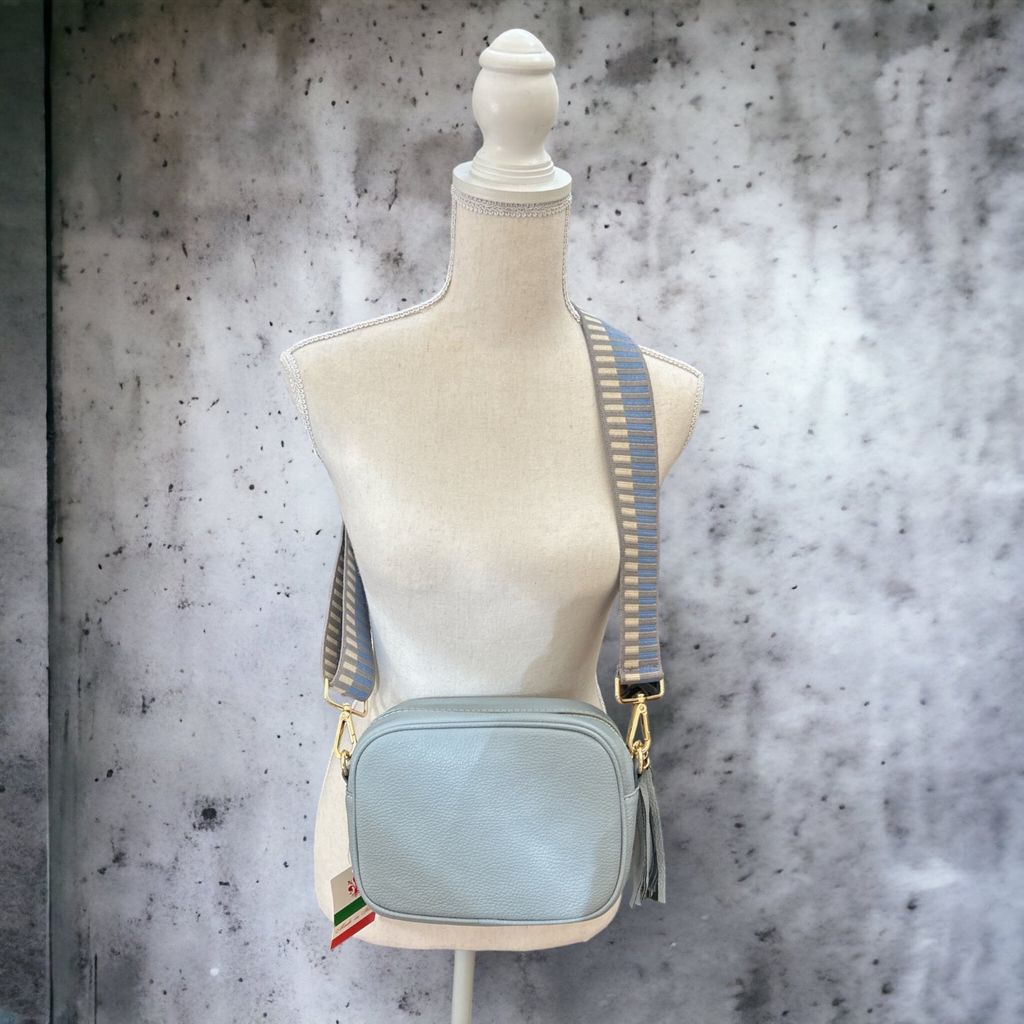 Sky blue Bianca leather tassel crossbody camera bag